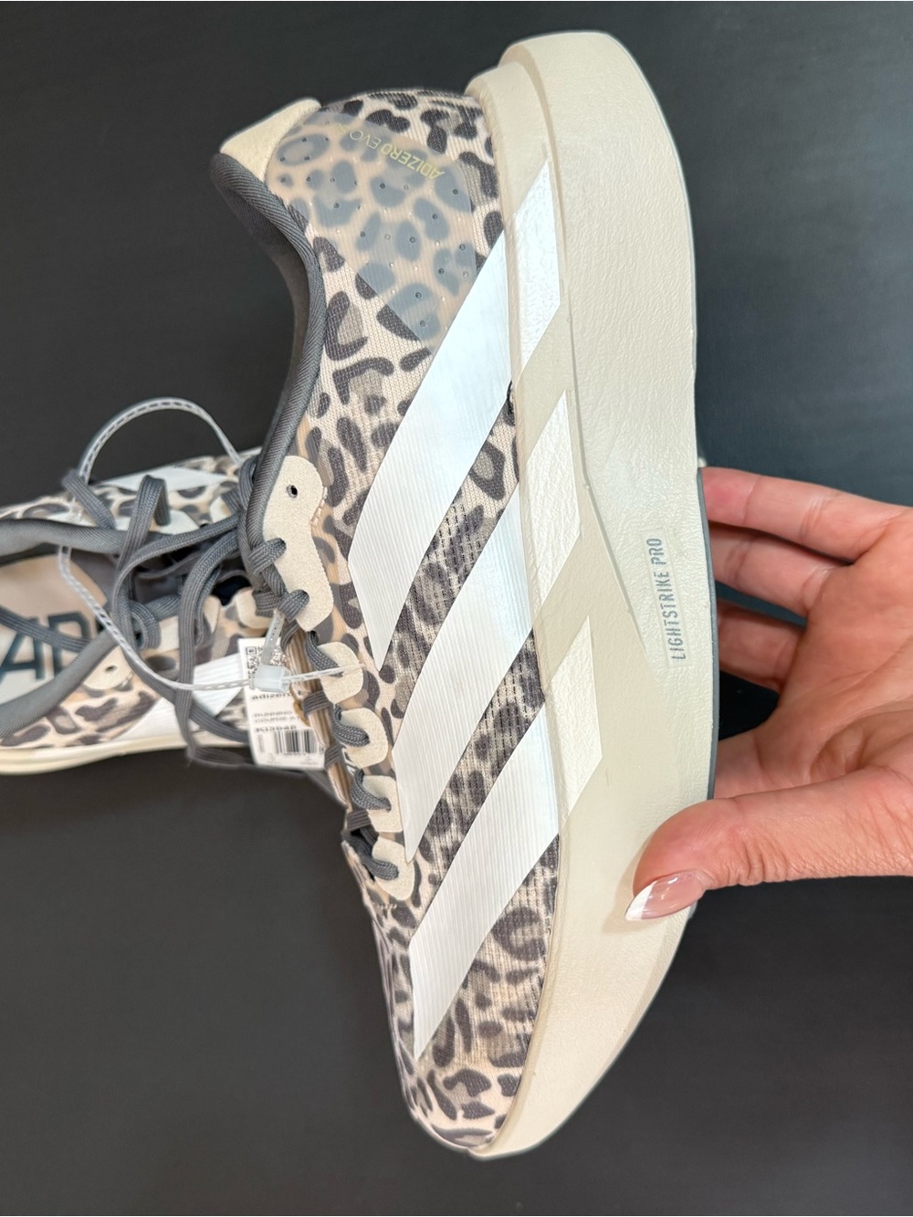 Adidas Adizero Evo SL W Leopard Print Running Shoes - White & Gray - Picture 4 of 5